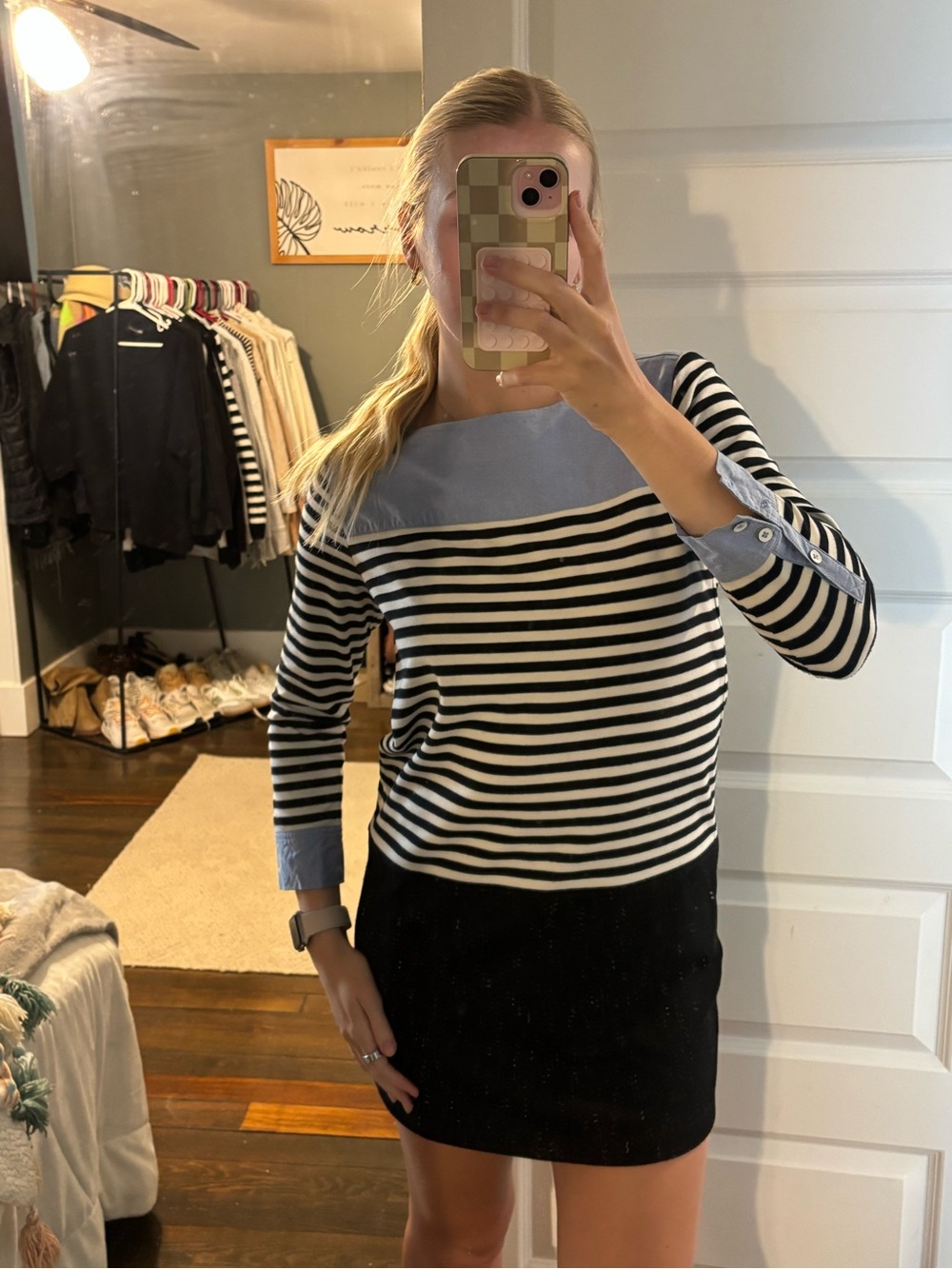 LOFT Black and White Striped Dress with Light Blue Trim